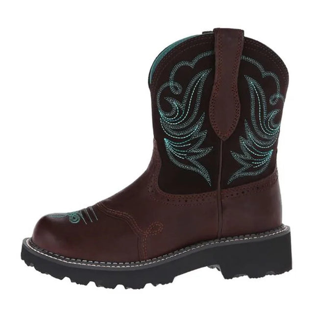 Womens Goth Cowboy Boots Embroidered Mid-calf Single Boot Mesh Lining Comfort Booties Woman Round Toe Retro Western Botas Mujer