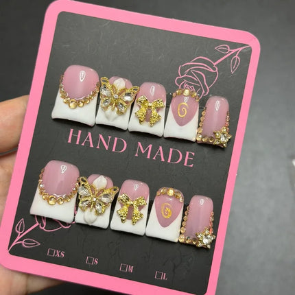 New High-end Luxury-sleek Style Design, Hand-painted Three-dimensional Butterfly, Bow, Shiny Point Diamonds Handmade Fake Nail