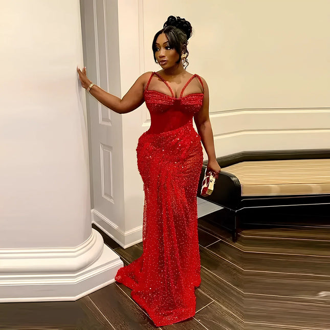 Sexy Meerjungfrauen-Abendkleid für afrikanische Frauen, aus Spitze, luxuriös, mit Perlen und Pailletten, formelles Partykleid, rotes Ballkleid, Anpassung