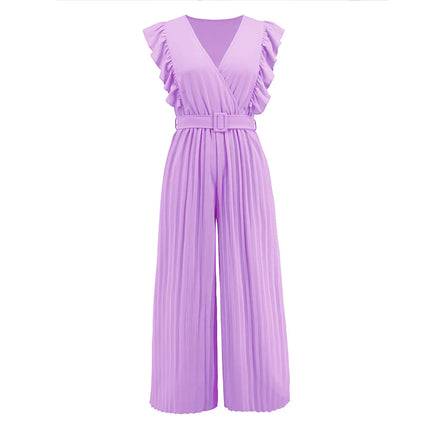 Women's Jumpsuit Long Pants Flying Sleeve V-neck High Waist Belt Cropped Fold Pants Solid Color Temperament Fashion Women's Wear