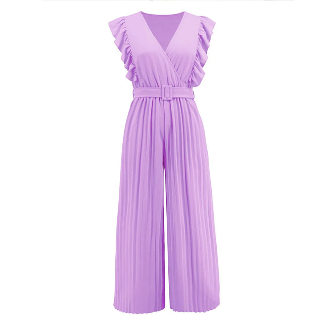 Damen-Jumpsuit, lange Hose, Fledermausärmel, V-Ausschnitt, hohe Taille, Gürtel, verkürzte Faltenhose, einfarbig, Temperament, Mode, Damenbekleidung