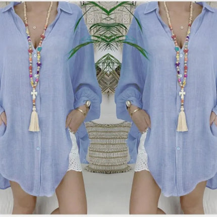 Summer Long Sleeve Shirt Women's Button Loose Casual Shirt Beach Wear Top Swim Cover Up Solid Color Loose Shirts ladies clothes