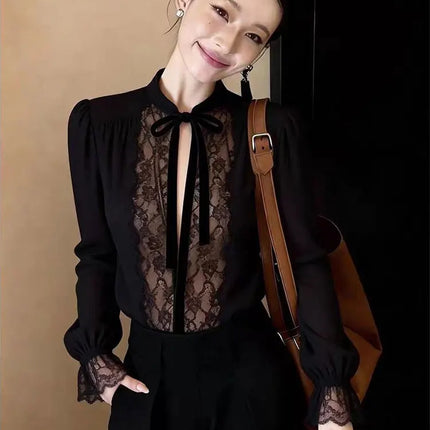 Luxury Black Lace Long Sleeve Top Mesh Sheer V Neck Lace Up Tied T Shirt Elegant Clothes Casual Basic Tees