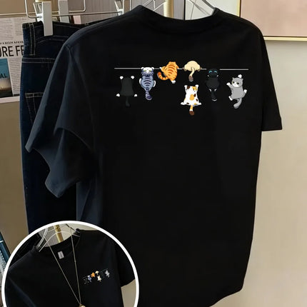 Cartoons Cats Prints T-Shirts Summer Womens Cotton T Shirts Basic O-Neck Oversized Short Sleeve Tops Casual Street Woman Clothes