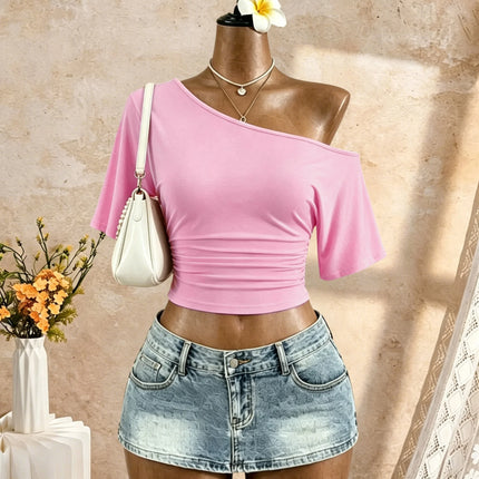 Women One Shoulder Short Sleeve Side Ruched Cropped T Shirt 2026 Summer Y2K Going Out Casual Streetwear Tops