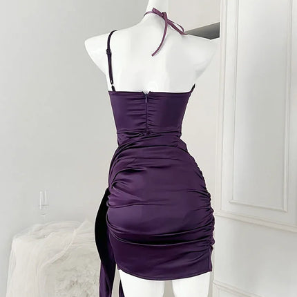 High Quality Purple Prom Gown Low Chest Wrapped Solid Evening Dress Design Banquet Simple Wrap Hip Satin Dress Formal Occasion