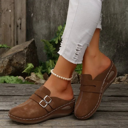 Womens Slip on Mules Clogs Closed Toe Slippers Double Buckle Strap Cutout Stitching Wedge Casual Comfort Nursing Work Footwear