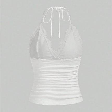 Lace V-neck Halter Top Women Summer Sexy Grunge Punk Goth Backless Ruched Crop Top Cami Top Streetwear Y2K Clothes 2024