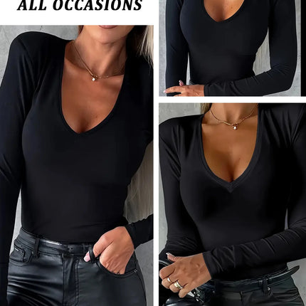Women's Long Sleeve T-Shirt，High Stretch Super Soft V-Neck，All-Season Fit