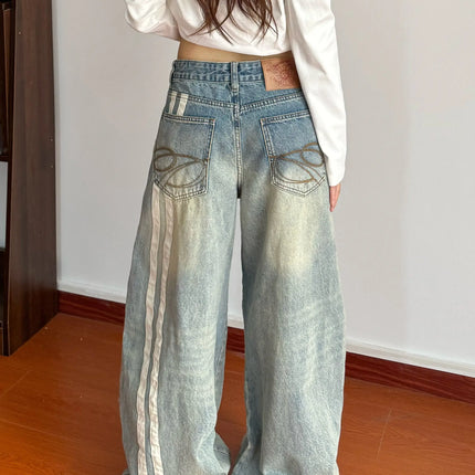 Ropa Y2K Fashion Striped Patchwork Washed Blue Baggy Women's Jeans Pants For Woman Clothing Straight Vintage Denim Trousers