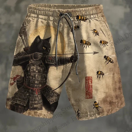 Men's Board Shorts Men Short Cartoon Samurai Cat Drink Animal 3d Hawaiian Beach Short Swim Trunk Swimsuit Sports Pant Boy Brief