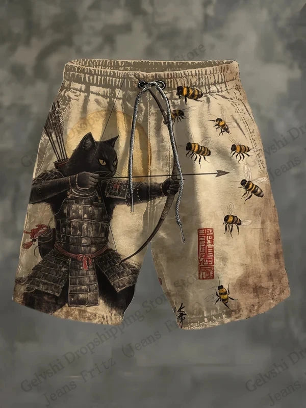 Bermudas para hombre Pantalones cortos de hombre con estampado de gato samurái de dibujos animados, bebida animal, 3D, hawaianos, para la playa, bañador, pantalón deportivo, calzoncillo para niño