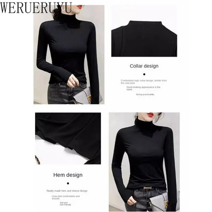 Black Turtleneck T-shirt Long Sleeve Tops Y2k Clothes Autumn Winter Korean Modal Elegant T-shirts for