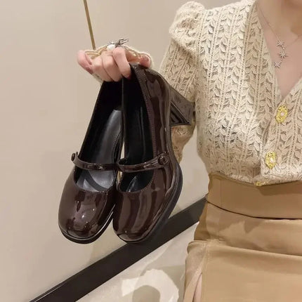 Patent Leather Brown Shoes Vintage Thick High Heels Mary Jane Shoes Women Woman Square Toe Chunky Heels Pumps Mujer 2024