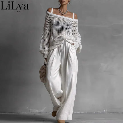 Off Shoulder Hollow Knit Womens Pants Set Long Sleeve Wide Leg Pants Outfit Casual Loose Summer Beach Vacation Pants Set Woman