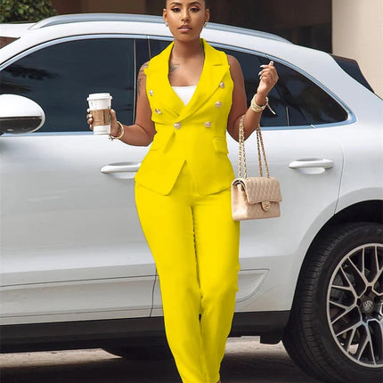 Business Work Wear Two Piece Pant Suits for Women Sets Elegant Sleeveless Blazer Top and Pencil Pants Office Lady Matching Sets
