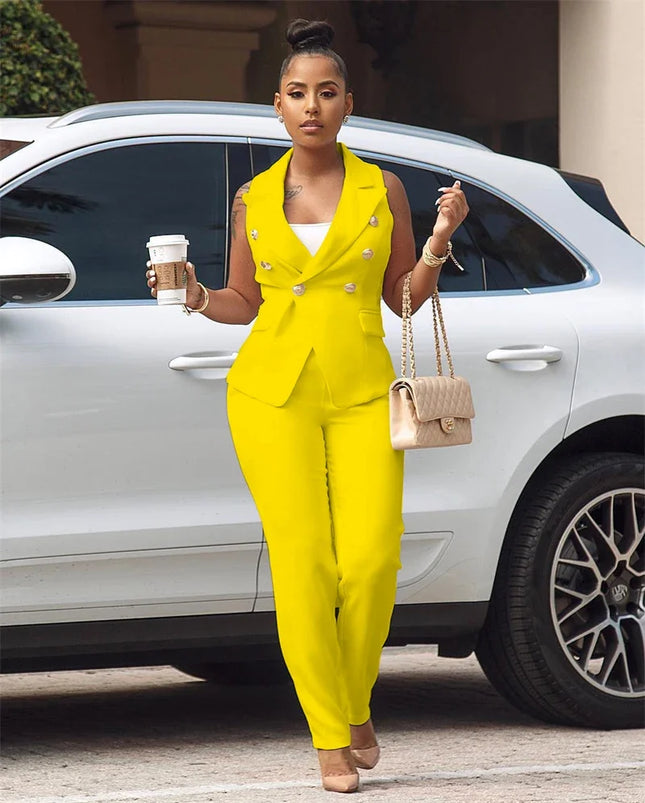 Business Work Wear Two Piece Pant Suits for Women Sets Elegant Sleeveless Blazer Top and Pencil Pants - product image 8