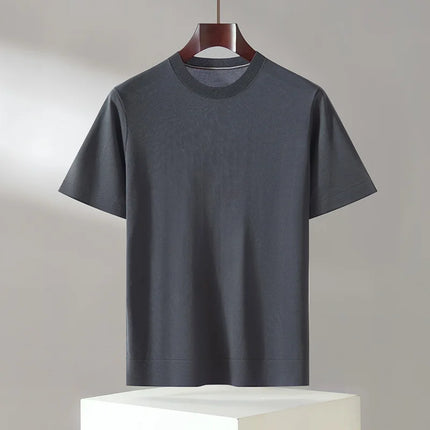 100% Lyocell Men's T-Shirt Casual Solid Color Knitted Pullover Short-Sleeved Loose Round Neck Tees Pull Vest Tops