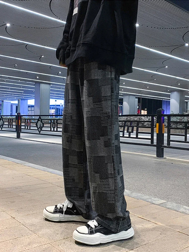 Pantalones vaqueros de cuadros azules y negros de otoño para hombre, vaqueros Y2K vintage de pernera ancha, pantalones de mezclilla holgados de calle alta, pantalones de hip hop
