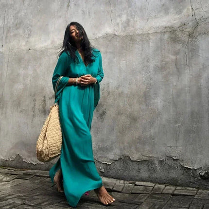 Boho Sexy Swimwear Cover Up Long Dress Rayon Solid Color Beach Wear Tunic Kaftans Kimono Women Clothing Summer Swimsuit