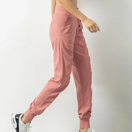 Sweatpants Fabric Drawstring Running Sport Joggers Women Quick Dry Athletic Gym Fitness with Two Side Pockets Exercise Pants