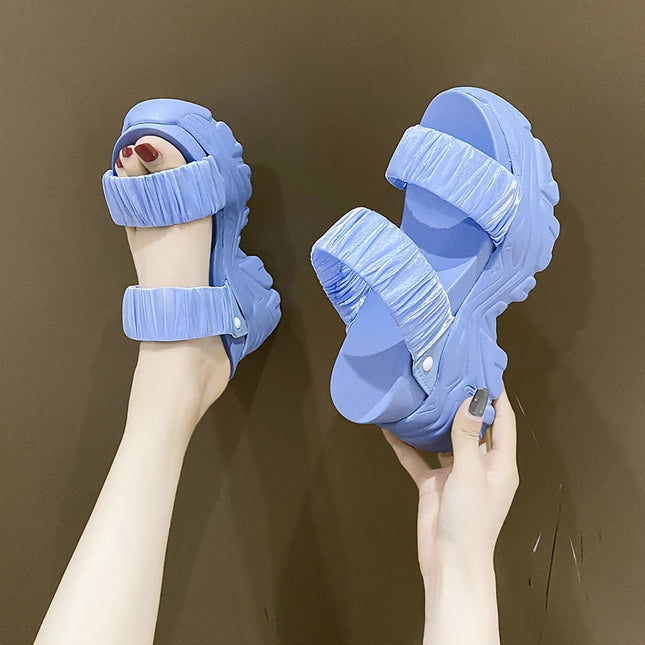 New 10CM Summer Platform Slippers Women Blue Pleated Riband Discolor Ladies Chunky Sole Beach Cool Wedges Slides Shoes Woman