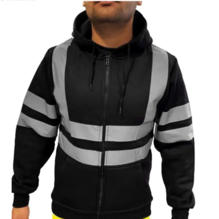 New Men's Reflective Strip Hoodie Jackets Spring Autumn Zipper Long Sleeve Fleece Sweatshirts High Visibility Night Work Jackets