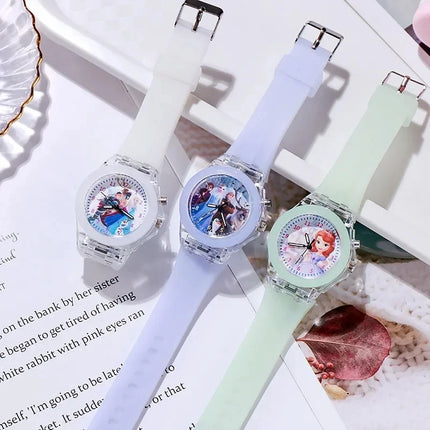 Disney Children Watch Frozen Princess Pattern Led Glowing Flash Fashion Kids Quartz Wristwatch Christmas Gifts