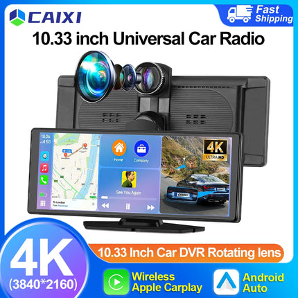 CAIXI Dash Cam 4K 7 10.26 inch Car DVR Wireless Carplay Android Auto GPS Navigation Video Recorder Dashboard Dual Lens Reversing