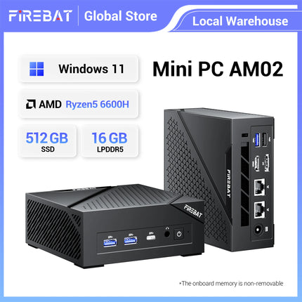 Firebat Am02 Mini Pc Amd Ryzen 5 6600H Cpu 6C/12T up to 4.5Ghz 16Gb Lpddr5 Ram 512Gb Ssd Windows 11 Wifi6 Bt5.2 Gaming Computer