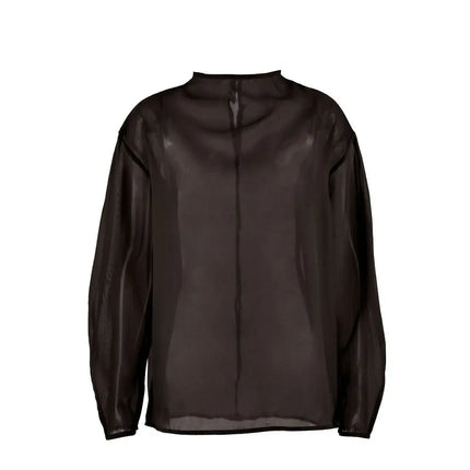 Chic Long Sleeve Mesh Blouse Half-high Collar O Neck Gauze Blouse See Through Cropped Blouse Lady Daily