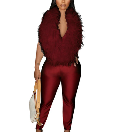 FLARORA Sexy Faux Fur Jumpsuits Woman Halter Deep V Neck Sleeveless Backless Bodycon One Piece Playsuits Elegant Party Clubwear