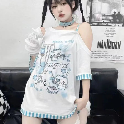 Japanese Harajuku Sweet Graphic T Shirts Women Cat Print Summer Off shoulder Top Short-sleeve Oversize Tees Loose Casual T shirt