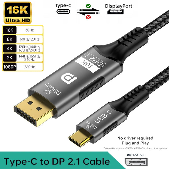 Type-C to DP 2.1 USB C to 16K DisplayPort 2.1 Cable 16K@30Hz 8K@60Hz