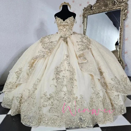 Sophie Store Customized Light Champagne Quinceanera Dresses Luxury Off the Shoulder Tulle Ball Gown Sweet 16 Vestidos De 15 Anos