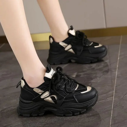 Women's Fashionable Dad Shoes Leather Upper Thick Bottom Casual Sports Shoes Spring Autumn New Style Breathable Lightweight