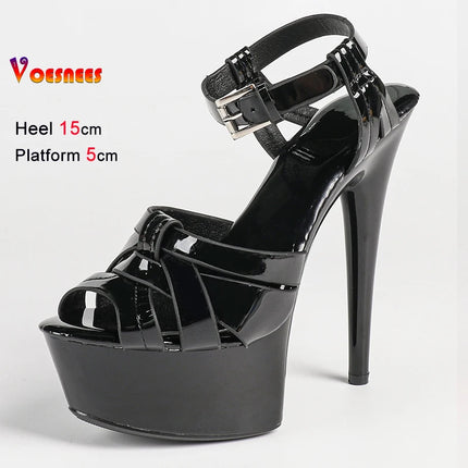 New Summer Pink Women Sandals Thin Heels 15cm Platform 5cm Cross Straps Ankle Buckle Round Toe Ladies Pumps Stiletto Party Shoes