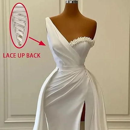 Eightree Elegant Mermaid Wedding Dresses One Shoulder Pearls Bride Dress Boho Beach Princess Wedding Evening Prom Gown Customize