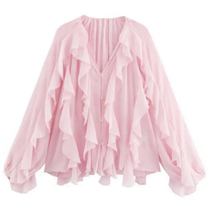 2026 New Summer Women's Elegant Loose Long Sleeve Chiffon Layered Shirts Lady Vintage V-neck Translucent Tierred Ruffles Blouses