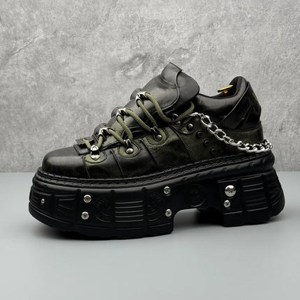8cm High Leather Casual Shoes for Men Punk Metal Rivet Thick-Soled Mans Shoes Fashion Retro Heightening Leather Shoes Zapatillas