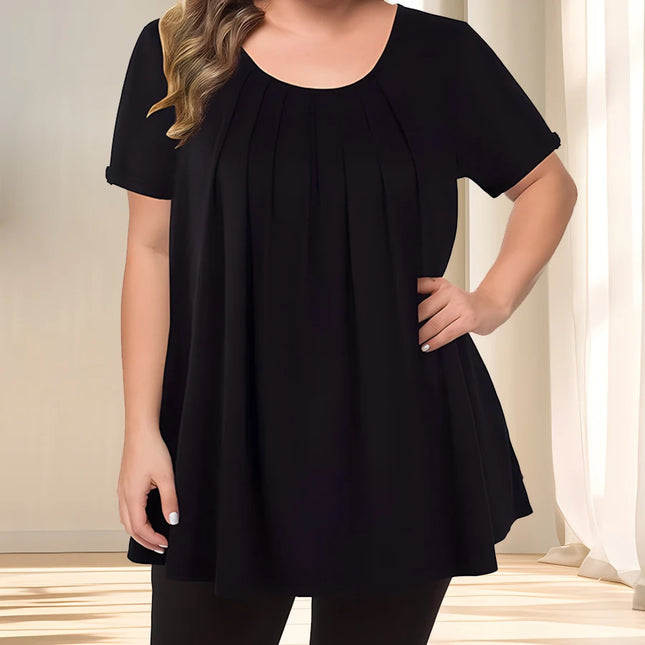 [Elegante Bluse in großen Größen] Leichte Polyester-Damenbluse, legere, Rundhalsausschnitt, Kurzarm, Große Größen | Uni, Subtil S