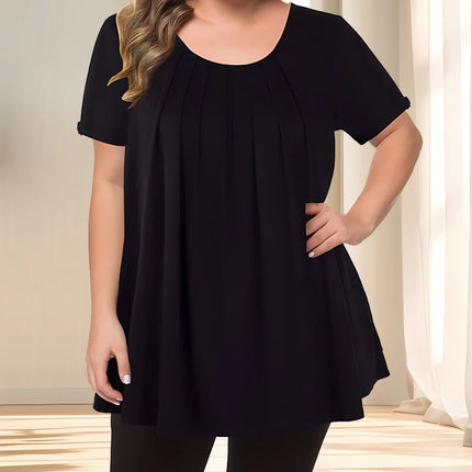 [Elegant Plus Size Blouse] Lightweight Polyester Women's Casual Crew Neck Short Sleeve Blouse, Plus Size | Solid Color, Subtle S