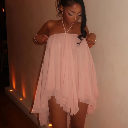 Weird Puss Halter Loose Dress Women Y2K Summer Sleeveless Backless Tiered Lrregular Hem Beach Vacation Sexy Trend Party Bodycon