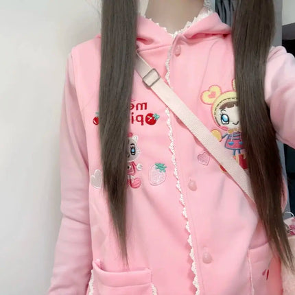 Japanese Sweet Cartoon Mp Jojifuku Pink Hooded Sleeveless Vest + Long-sleeved T-shirt + White Pants 3 Pcs Sets Women Y2k Suits