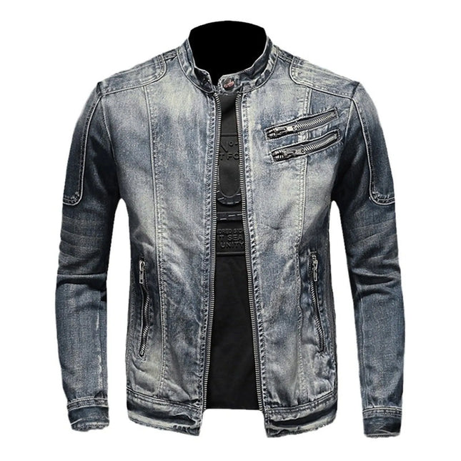 Vintage-Jeansjacke mit Reißverschluss, Stehkragen, Baumwolle, schmale Passform, Oberbekleidung, Herrenmode, lässiger Windbreaker, Herrenbekleidung, Winterjacke Herren