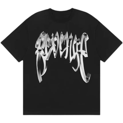 Gothic Font T-Shirt 2D Metal Effect Graphic Tee, Black Streetwear Bold Letter Print Tops for Men Women Casual men clothing