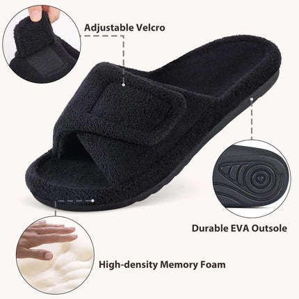 Comwarm Winter Women's Fur Fuzzy Slippers Adjustable Open Toe Furry Slide With Arch Support Four Seasons Cozy Fluffy House Shoes