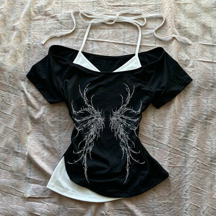 Gothic print fake two-piece top women's slim fit cut summer casual chic pattern T-shirt Y2K streetwear