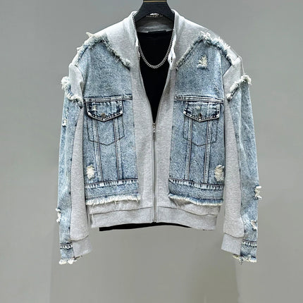 Fashion Casual Men's Denim Patchwork Jacket Set Loose Zipper Jackets Coat High Waist Wide Leg Pants Two-Piece Set Mens Autumn