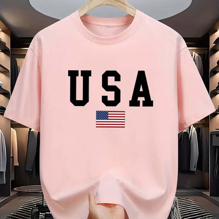 Men's summer 100% cotton fashionable casual loose fit USA American National Flag Graphic round neck short sleeved T-shirt top